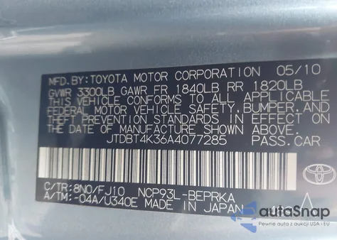 2010 Toyota Yaris from USA, damaged, VIN JTDBT4K36A4077285